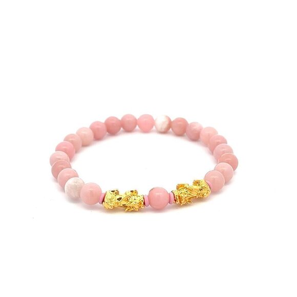 RAFANTHIA Jewelry - 18K Gold Dragon Pixiu Double Piyao Lucky Charm Bracelet Gemstones Pink Opal 6mm